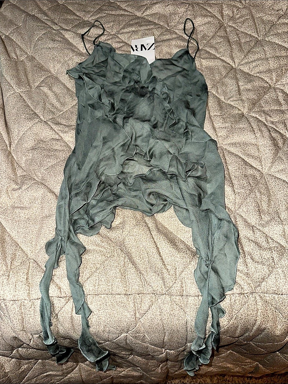 Zara Strappy Semi-Sheer Ruffle Tank Top Green XS